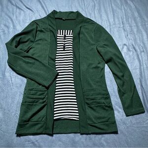 Women’s Green Cardigan With Black And White Striped Layered Faux Shirt